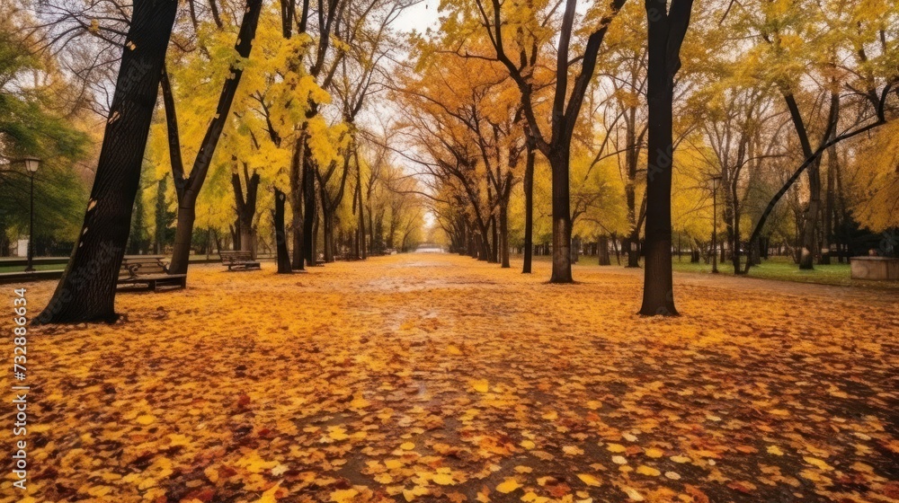park trees and fallen autumn leaves