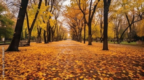 park trees and fallen autumn leaves