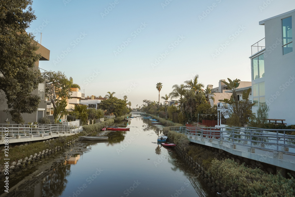 sunset in Venice canal, Los Angeles, California, modern houses and boats sunset in Venice canal, Los Angeles, California, modern houses and boats