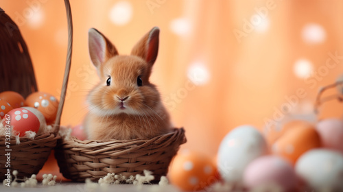 Cute bunny rabbit and eggs in the basket on background with text space. Happy easter concept.