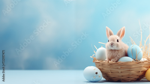 Cute bunny rabbit and eggs in the basket on blue background with text space. Happy easter concept. photo