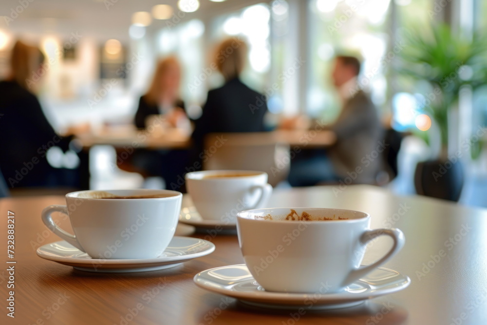 cups of coffee on the office table with people meeting background cups of coffee on the office table with people meeting background