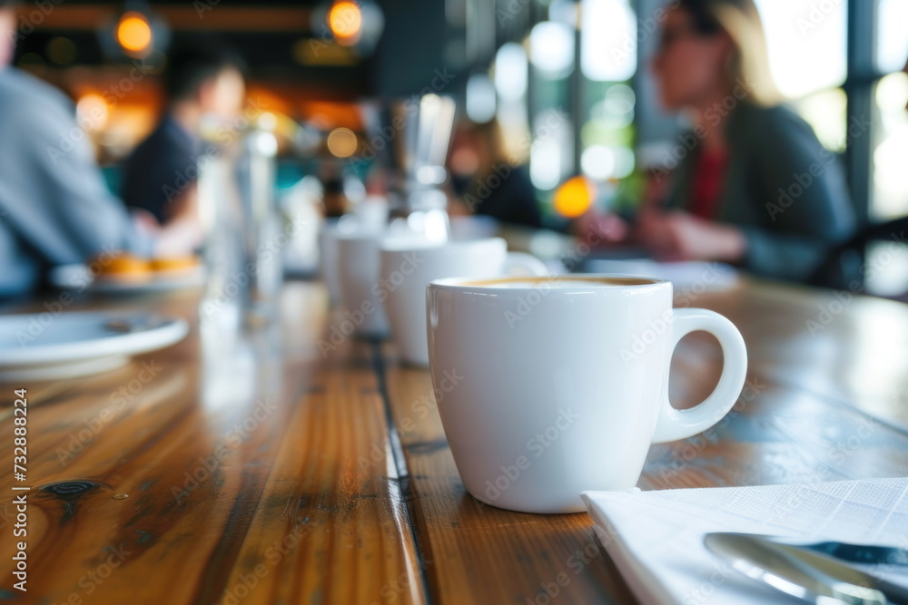 cups of coffee on the office table with people meeting background cups of coffee on the office table with people meeting background