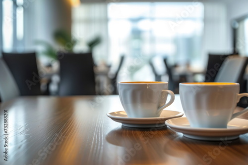 cups of coffee on the office table with people meeting background