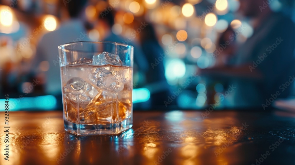 Cocktail close up in a bar setting. Blurred people in the background. Selective focus on the icy drink and glass, realistic, copy space - generative ai Cocktail close up in a bar setting. Blurred people in the background. Selective focus on the icy drink and glass, realistic, copy space - generative ai