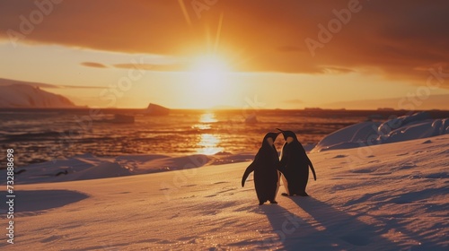 Loving Penguins Embracing Each Other on Snowy Beach at Sunset AI Generated