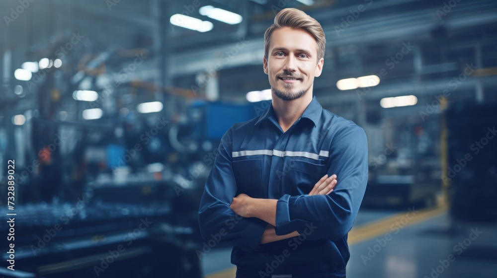 Portrait of a happy and confident male worker with high tech machinery job in a modern technology automotive manufacturing workspace Portrait of a happy and confident male worker with high tech machinery job in a modern technology automotive manufacturing workspace