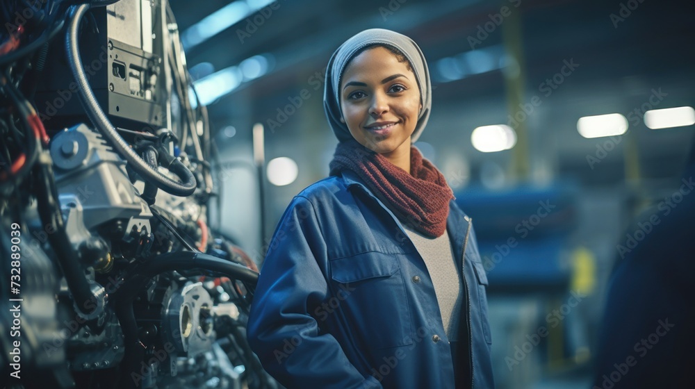 Portrait of a happy and confident female worker with high tech machinery job in a modern technology automotive manufacturing workspace Portrait of a happy and confident female worker with high tech machinery job in a modern technology automotive manufacturing workspace