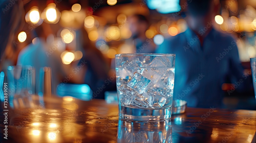Cocktail close up in a bar setting. Blurred people in the background. Selective focus on the icy drink and glass, realistic, copy space - generative ai Cocktail close up in a bar setting. Blurred people in the background. Selective focus on the icy drink and glass, realistic, copy space - generative ai