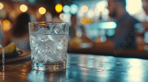 Cocktail close up in a bar setting. Blurred people in the background. Selective focus on the icy drink and glass, realistic, copy space - generative ai