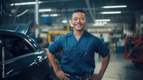 Portrait of a happy and confident Asian male worker with high tech machinery job in a modern technology automotive manufacturing workspace © Pimchanok