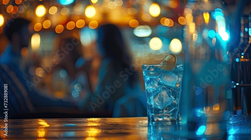 Cocktail close up in a bar setting. Blurred people in the background. Selective focus on the icy drink and glass, realistic, copy space - generative ai
