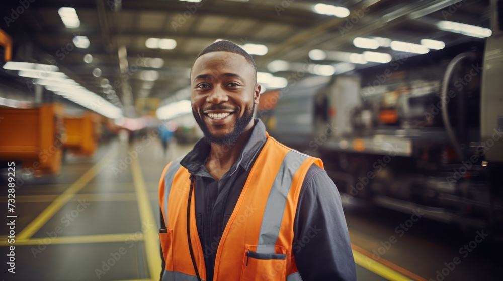 Portrait of a happy and confident male worker with high tech machinery job in a modern technology automotive manufacturing workspace Portrait of a happy and confident male worker with high tech machinery job in a modern technology automotive manufacturing workspace