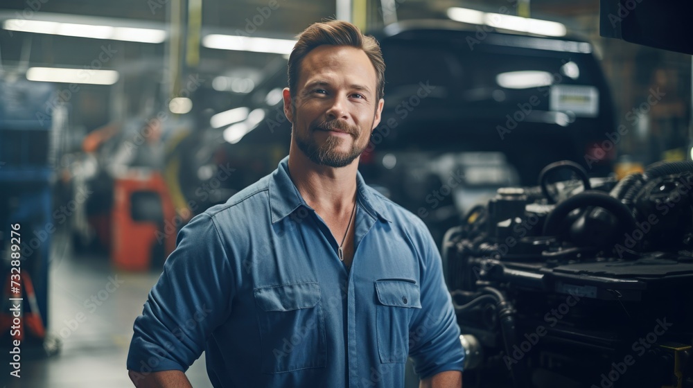 Portrait of a happy and confident male worker with high tech machinery job in a modern technology automotive manufacturing workspace Portrait of a happy and confident male worker with high tech machinery job in a modern technology automotive manufacturing workspace