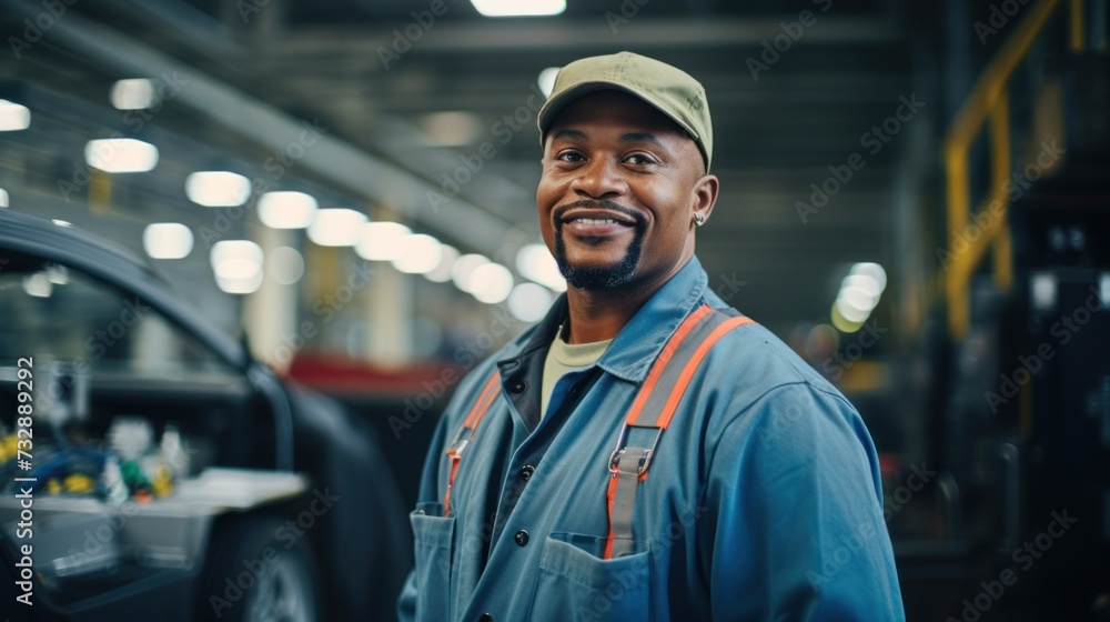 Portrait of a happy and confident male worker with high tech machinery job in a modern technology automotive manufacturing workspace Portrait of a happy and confident male worker with high tech machinery job in a modern technology automotive manufacturing workspace
