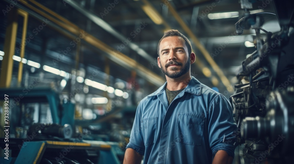 Portrait of a happy and confident male worker with high tech machinery job in a modern technology automotive manufacturing workspace Portrait of a happy and confident male worker with high tech machinery job in a modern technology automotive manufacturing workspace