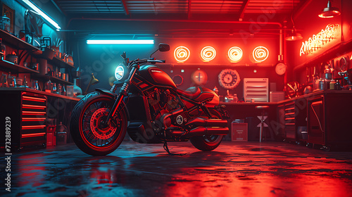 motorcycle workshop with dark and red color background photo