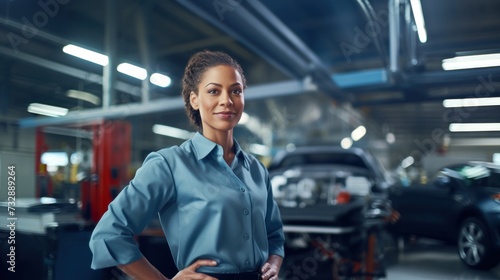 Portrait of a happy and confident female worker with high tech machinery job in a modern technology automotive manufacturing workspace