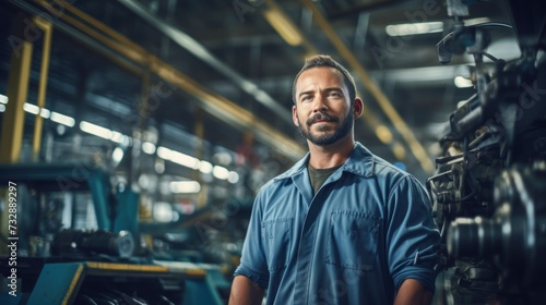 Portrait of a happy and confident male worker with high tech machinery job in a modern technology automotive manufacturing workspace