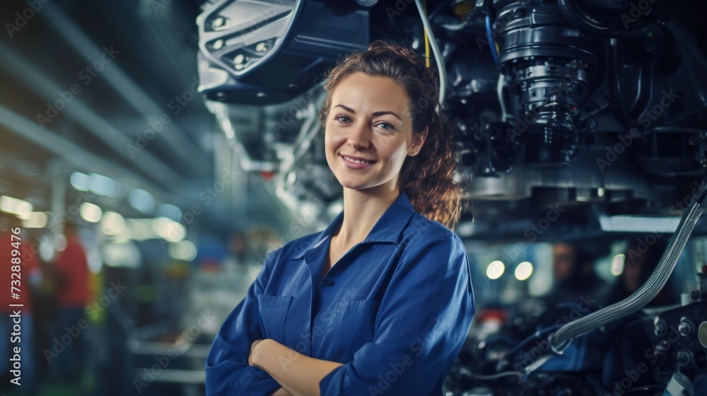Portrait of a happy and confident female worker with high tech machinery job in a modern technology automotive manufacturing workspace Portrait of a happy and confident female worker with high tech machinery job in a modern technology automotive manufacturing workspace