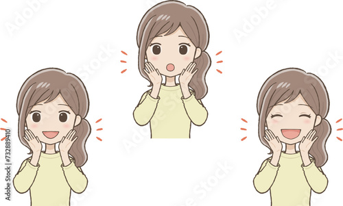 口元に手をあてて呼びかける女性（上半身）