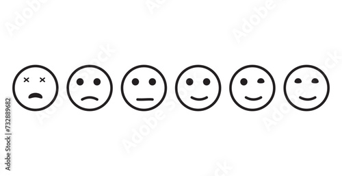 Iconic illustration of satisfaction level. Range to assess the emotions of your content. Feedback in form of emotions. User experience. Customer feedback. Excellent, good, normal, bad, awful. Vector F