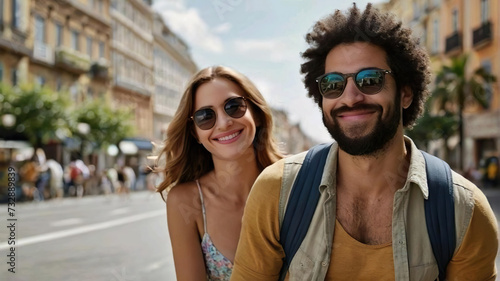 Turistas mujer y hombre paseando por la calle de una ciudad con gafas de sol y ropa de verano 