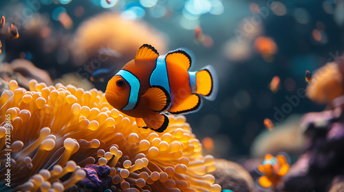 Nemo fish and colorful coral reefs, calm garden views, sunlight penetration