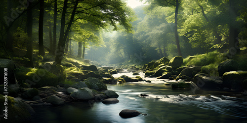 Beautiful fantasy forest with a river flowing through it.AI Generative
 photo