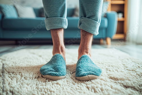 Close-up of man wearing soft blue slippers at home