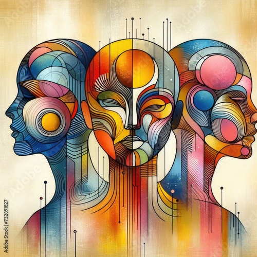 abstract art featuring three figures against a light background. Each figure is depicted with vibrant, contrasting colors and abstract shapes overlaying their forms