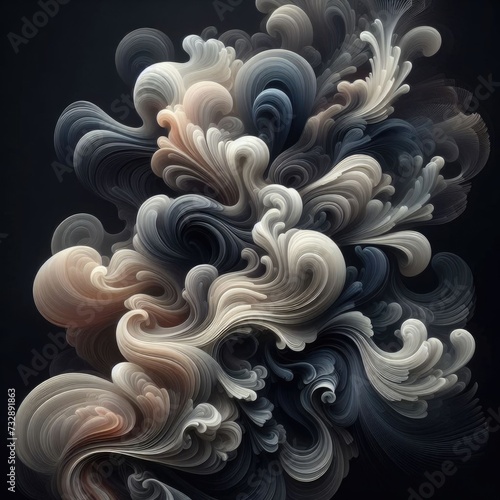 abstract formation of swirling, smoke-like patterns with colors ranging from dark shades of black and grey to lighter tones of white and beige, creating a sense of depth and dimension