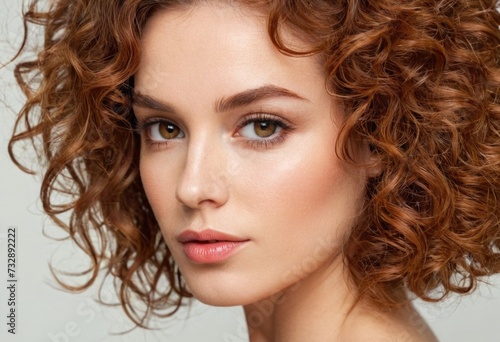 artistic representation of a beautiful woman’s close-up portrait, her curly brown and reddish hair framing her face