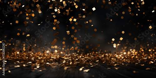 Golden glitter bokeh on black background. Festive concept. 3D Rendering Christmas composition with bokeh background and copy space.