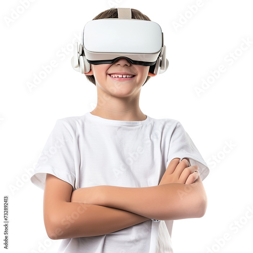 Explore Virtual Worlds, Smiling Kid in VR Glasses Banner Template © Jiraphiphat