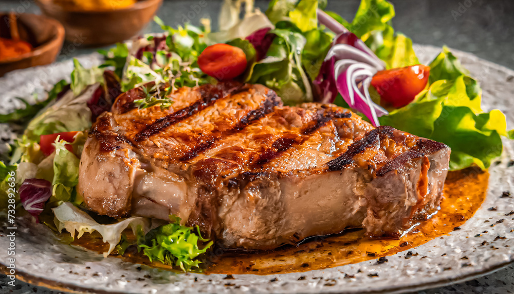 grilled pork steak, close up shot of Grilled pork steak with bone and fresh salad
