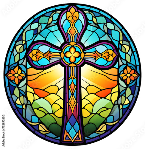 beautiful elaborate colorful stained glass Christian cross/crucifix with morning sun rising over the garden of Eden - religious symbol, holy sacred iconography, Christianity - transparent background