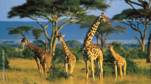 Tranquil Scene of Giraffe Family Feeding in African Savannah AI Generated. © Demo
