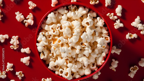 Indulge in Crispy Delight: Freshly Popped Popcorn Bowl on Vibrant Red