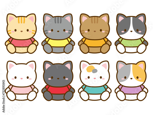 動物のイラスト、服を着た猫のベクターイラストのセット。いろいろな種類の猫のアイコン、挿し絵に便利なクリップアート。