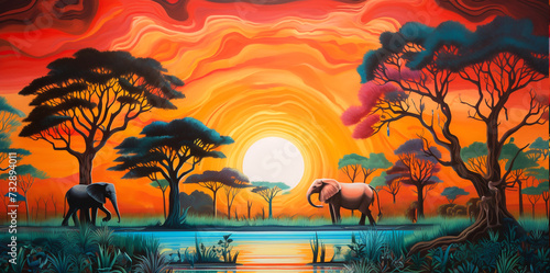 Painting of elephants and wild animals With views of trees, rivers, mountains and nature, there is sunlight.