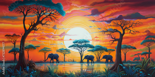 Painting of elephants and wild animals With views of trees, rivers, mountains and nature, there is sunlight. © Rassamee