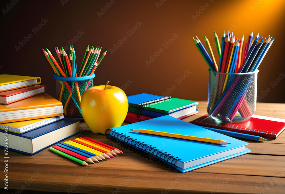 School Supplies, Education, Learning, Stationery, Classroom, Back to School, Pens, Pencils, Books, Notebooks, Crayons, Backpack, Ruler, Eraser, Calculator, AI Generated