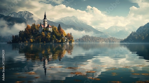 Lake Bled with St. Marys Church of the Assumption on the small. Copy space for text. photo