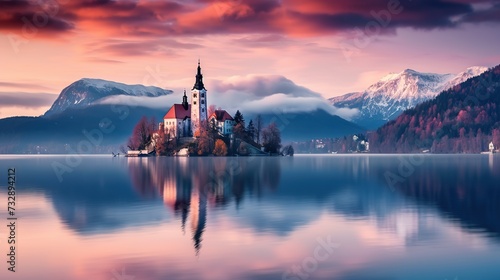 Lake Bled with St. Marys Church of the Assumption on the small. Copy space for text. photo