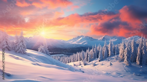 Majestic sunrise in the winter mountains landscape. Copy space for text.