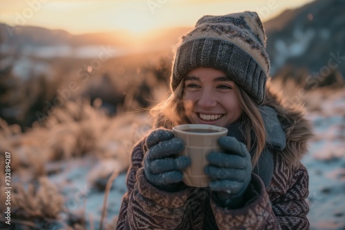 Woman Enjoying Hot Drink in Winter Wonderland © Rudsaphon