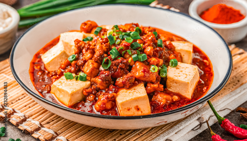 Mapo Tofu. close up shot of Mapo Tofu and minced pork with mala flavor from chili oil and Sichuan chili , Chili Tofu, traditional Chinese dish, Chinese food, malt Mapo Tofu. close up shot of Mapo Tofu and minced pork with mala flavor from chili oil and Sichuan chili , Chili Tofu, traditional Chinese dish, Chinese food, malt