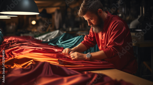 fashion designer working with fabric textile in studio