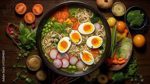 Savor the Flavor: Top-Down View of Steaming Ramen Bowl with Runny Eggs and Fresh Vegetables